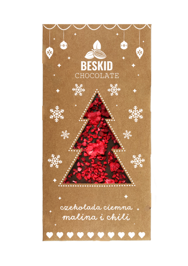 Czekolada świąteczna ciemna z malinami i chili 100g