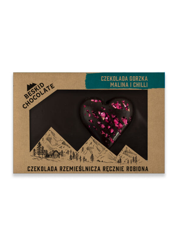 Dark chocolate heart with raspberries and chilli